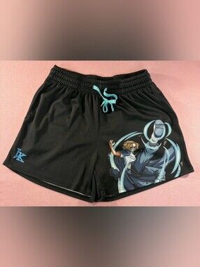 Invicta Black Athletic Shorts with Aqua Drawstring and Anime Graphic